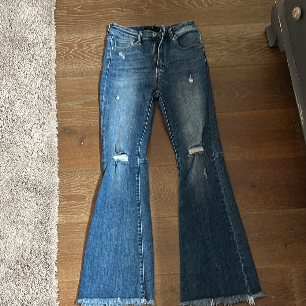 Women's Risen Distressed Flared Jeans